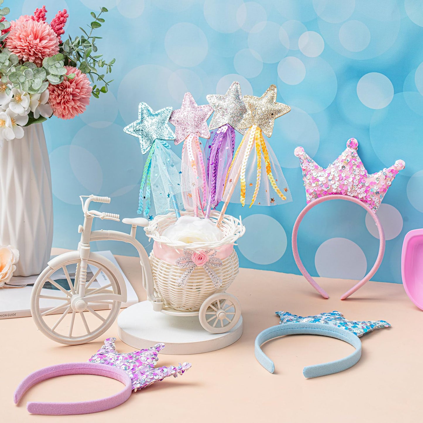 Hollowfly 24 Pcs Princess Party Favors Including 12 Glitter Star Fairy Wands and 12 Sequin Princess Crown Headbands for Girls Bi