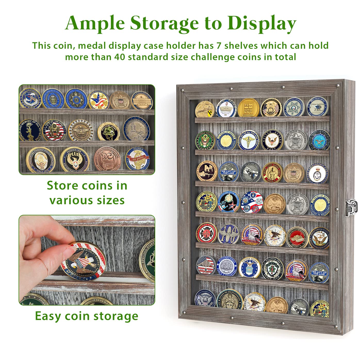 J JACKCUBE DESIGN Military Challenge Coin Display Case Holder, Large 13x17.5 inches Rustic Wood Wall Mount Cabinet - MK614A