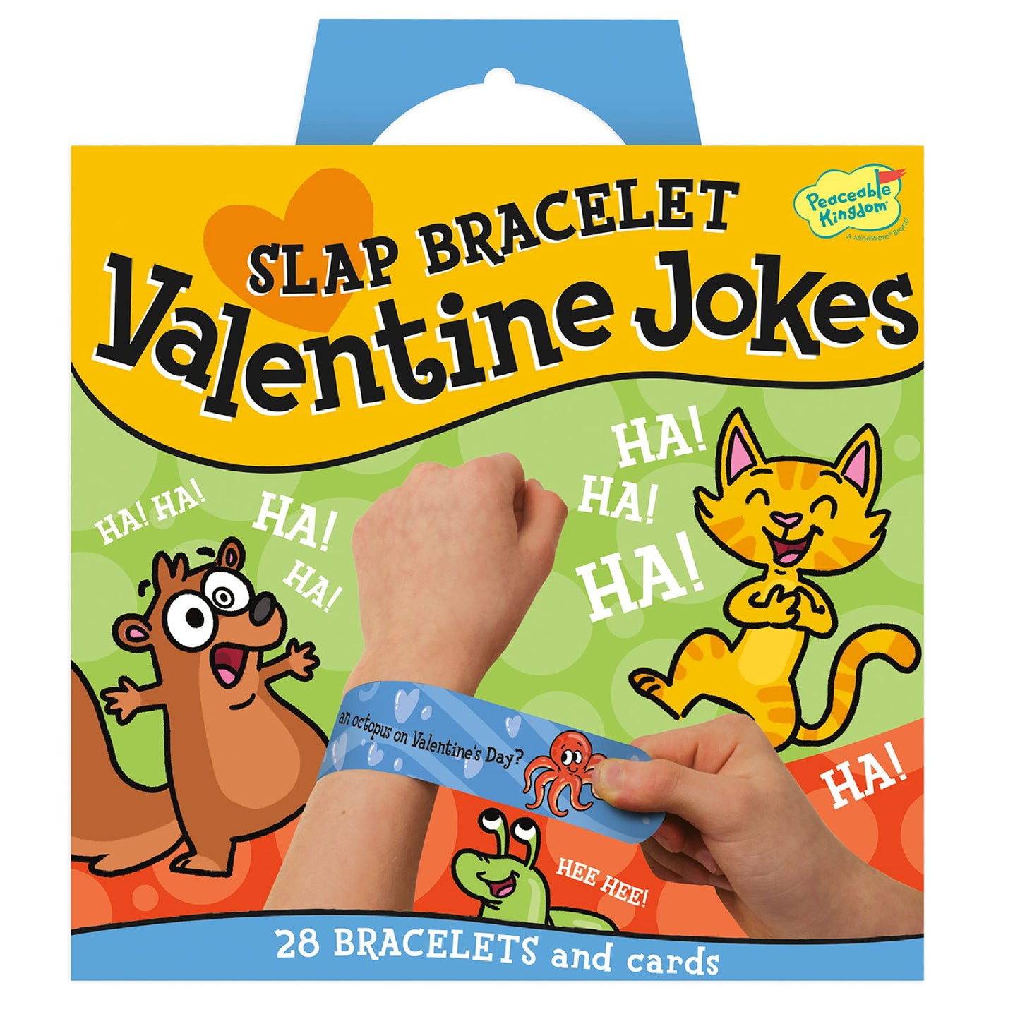 Peaceable Kingdom Valentines Cards for Kids Classroom, Set of 28 Valentines Day Gifts - Jokes Slap Bracelets