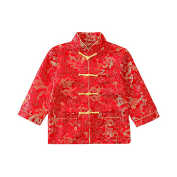 Noubeau Boy Tang Suit Dragon Long Sleeve Shirt, Red, 3-4T, Nylon/Polyester, Traditional Chinese New Year Outfit for Kids