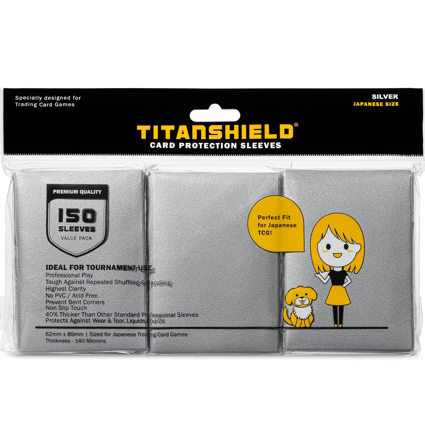 Titanshield (150 Sleeve/Silver) Small Japanese Sized Trading Card Sleeves Deck Protector Compatible With Yu-Gi-Oh!, Cardfight Va
