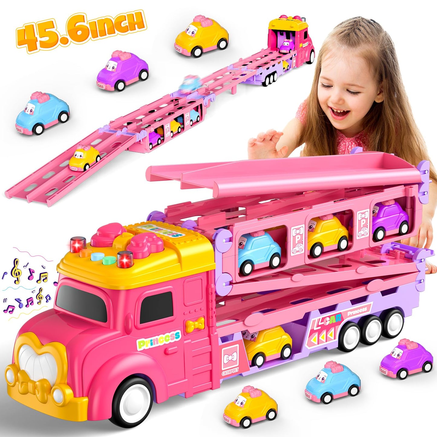 Hot Bee Toddler Toys for 2 3 4 5 Years Old Girls, 7-in-1 Foldable Ejection Trucks for Toddlers 2-4 Years, Toys for 4 Year Old Gi