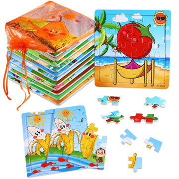 Sannix 12 Pack Wooden Jigsaw Puzzles For Toddlers 3 4 5 Years Old, Party Favors Animals Jigsaw For Kids, Transportation Educational Puzzles Travel Toy With 12 Organize Bags