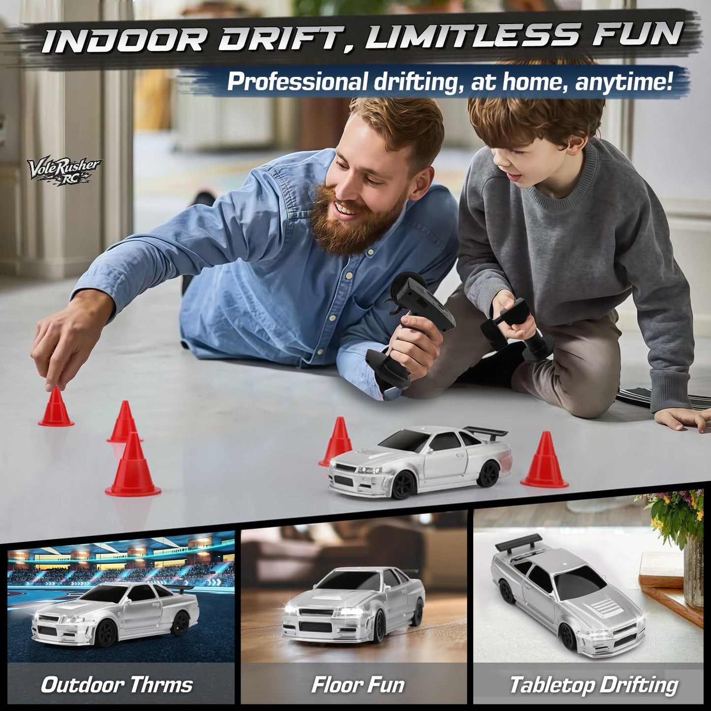 VoleRusher RC Mini Drift Car - 1/43 Scale, Silver, ABS Material, Age 8-14, RTR 2.4GHz Remote, includes 2 Tire Sets &