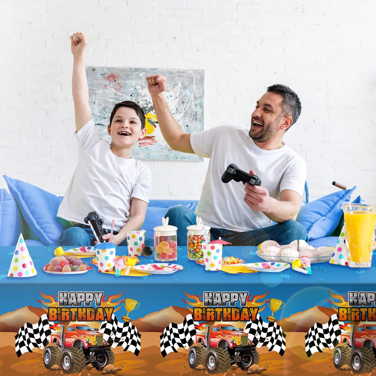 Monster Truck Tablecloth Happy Birthday Monster Truck Party Table Cover Monster Machine Table Cover Grave Digger Theme Checkered Flag Tablecloth For Birthday Party Decorations Supplies(6 Pieces)