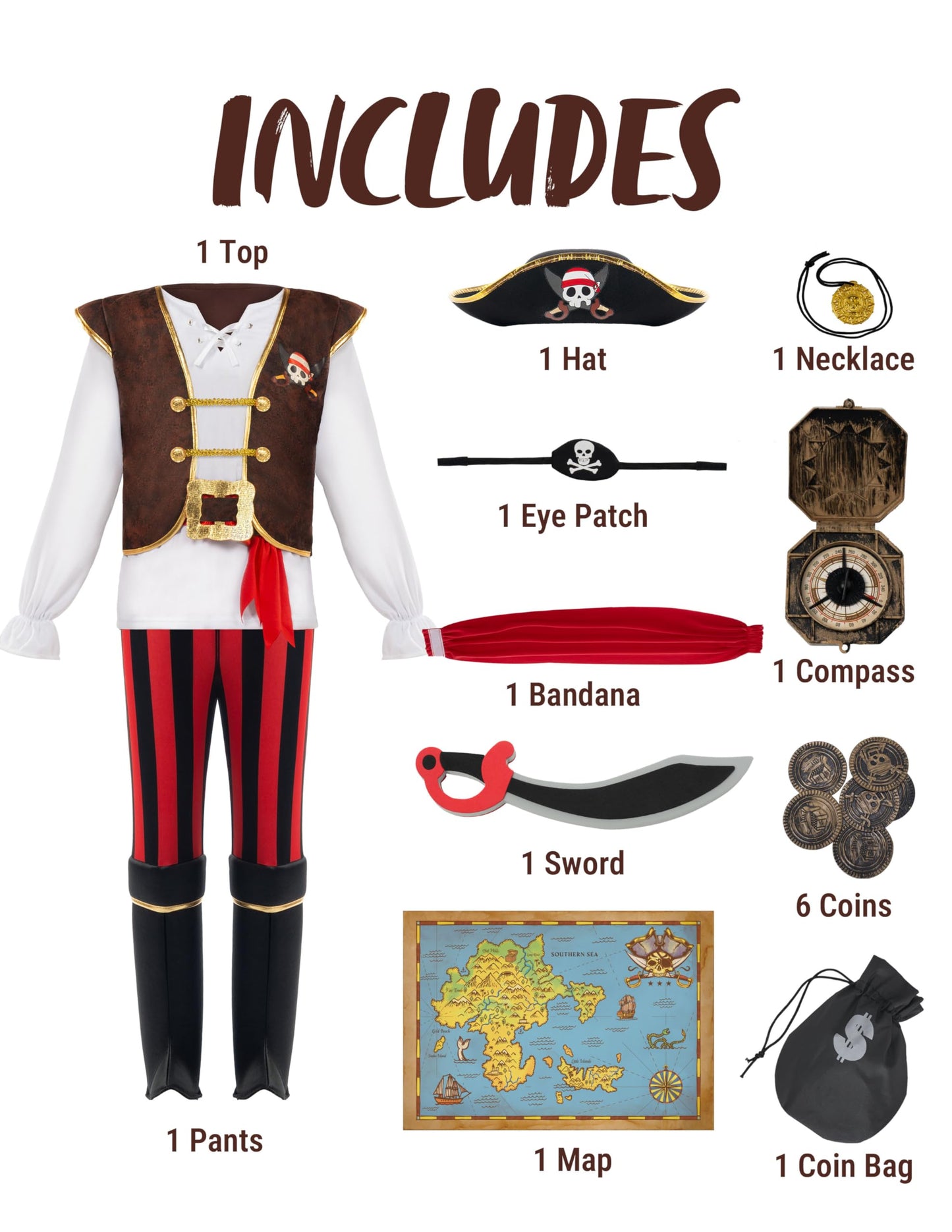 Spooktacular Creations Pirate Costume for Kids  Boys Classic Brown Pirate Outfit Deluxe Set with Toy Accessories for Toddler Halloween Pretend Roleplay Themed Party (3T  3-4 yrs)