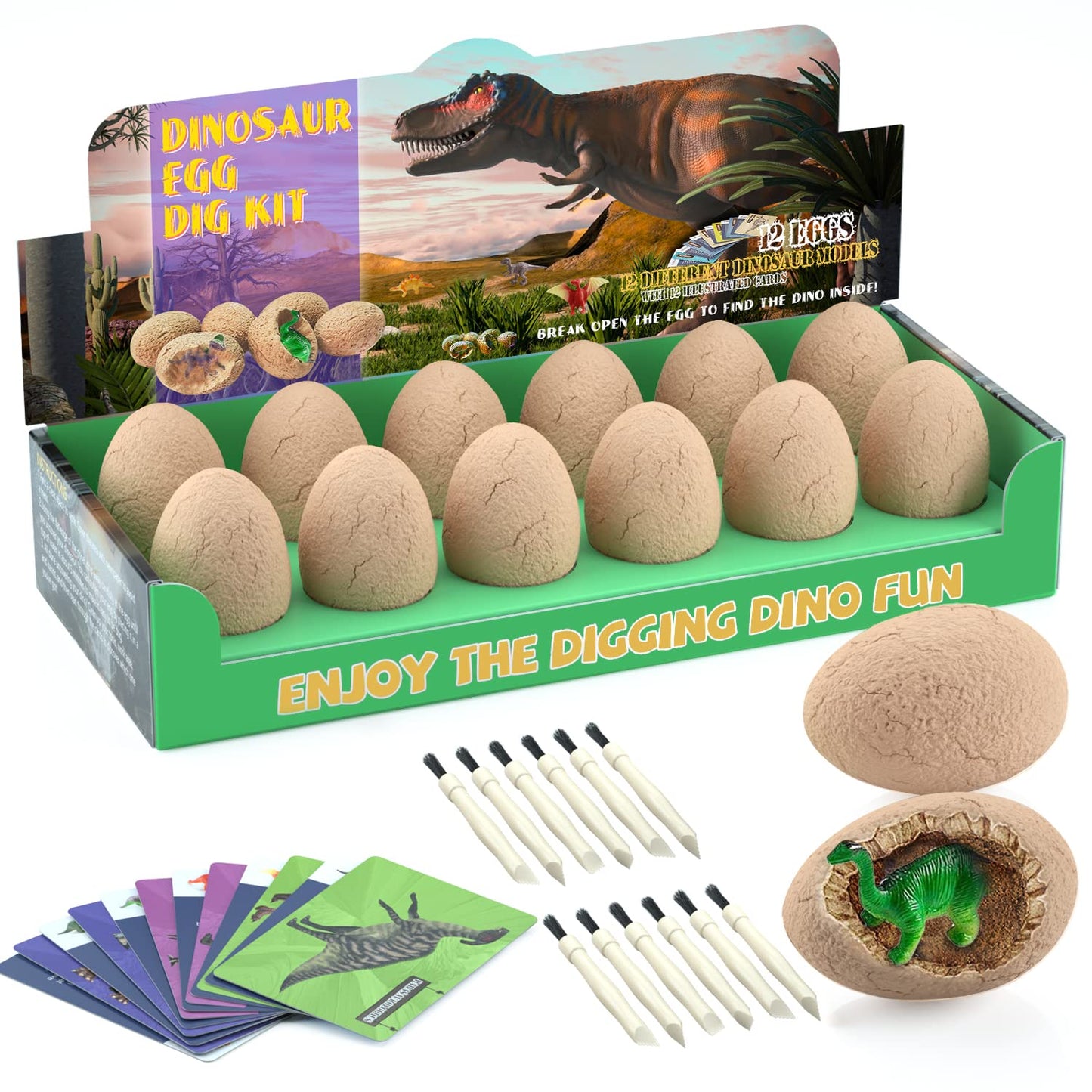 Bigear Dinosaur Eggs Excavation Dig Kit - Dinosaur Toys For Kids - Break Open 12 Dinosaur Eggs And Discover 12 Cute Dinosaurs - Archaeology Preschool Science Stem Crafts Birthday Gifts For Boys Girls
