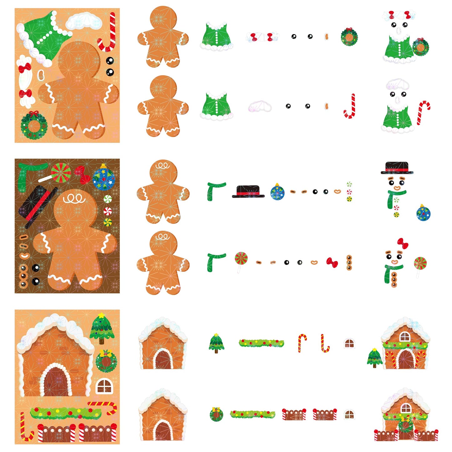 HubirdSall 36Pcs Christmas Gingerbread Face Stickers - Holographic Paper Crafts for Kids, School, Home Party Favors and Gifts