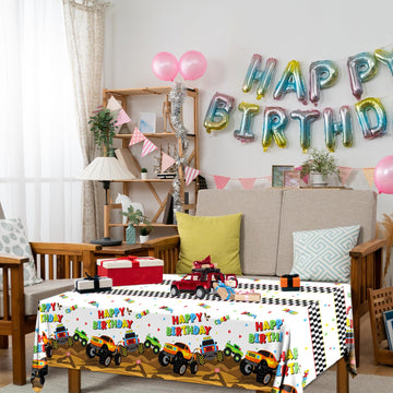 Dydamud Monster Truck Tablecloth,Monster Machine Birthday Party Supplies 3 Pcs Disposable Machine Truck Table Cover Checkered Ta