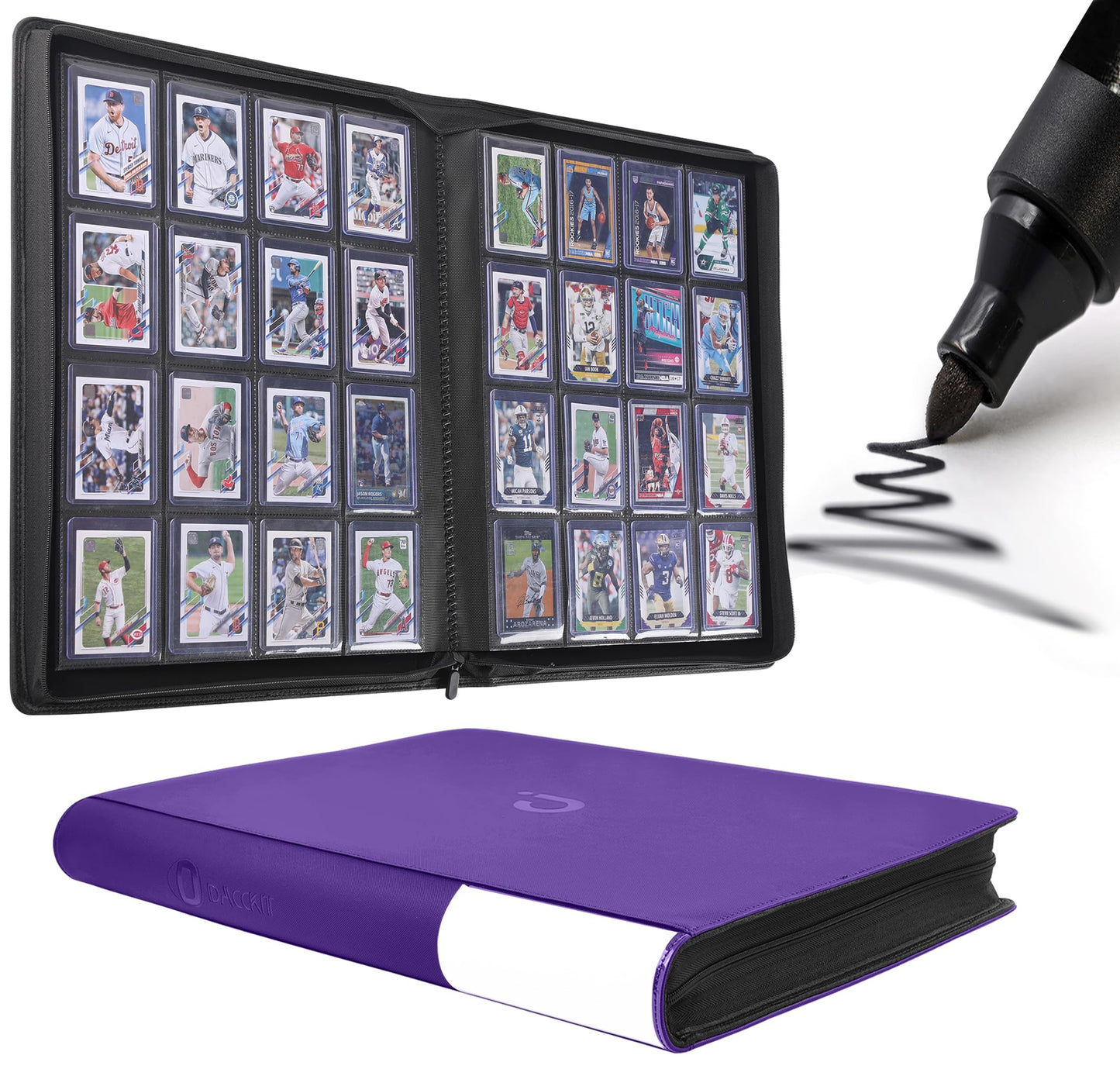 D DACCKIT Toploader Binder  Holds 640 Toploaders - 16-Pocket Top Loader Binder for 3 x 4 Rigid Card Holders for Trading Cards or Sports Cards(Model A Classic Purple)