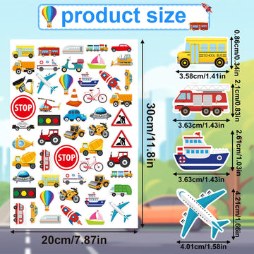 JULBEAR 300 Pieces Transportation Foam Stickers Bulk Self-Adhesive Cartoon Race Car Bus Vehicle Truck Stickers for Crafts Transp