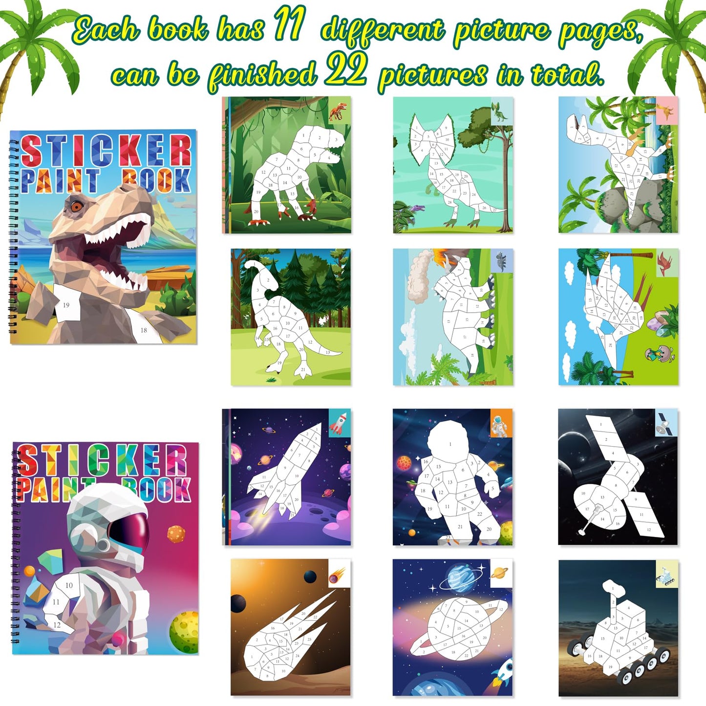 90shine 2PCS Sticker Books for Kids Ages 4-8 Dinosaur Space Designs Party Gift Create 22 Pictures