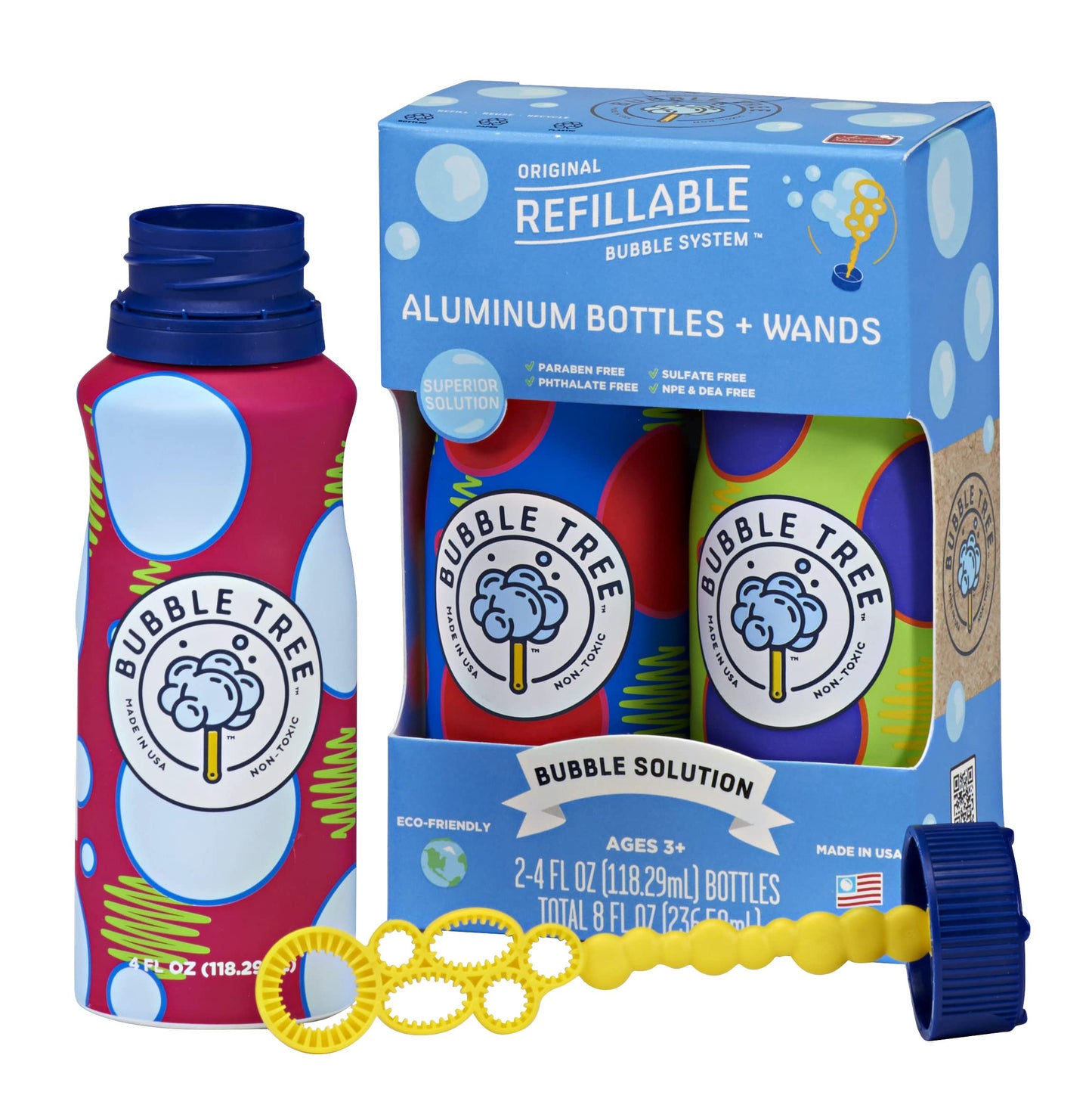 Sustainable Bubble Tree Original Refillable Bubble System Aluminum Bottles (2 Pack Of Bubble Solution Made In The Usa)