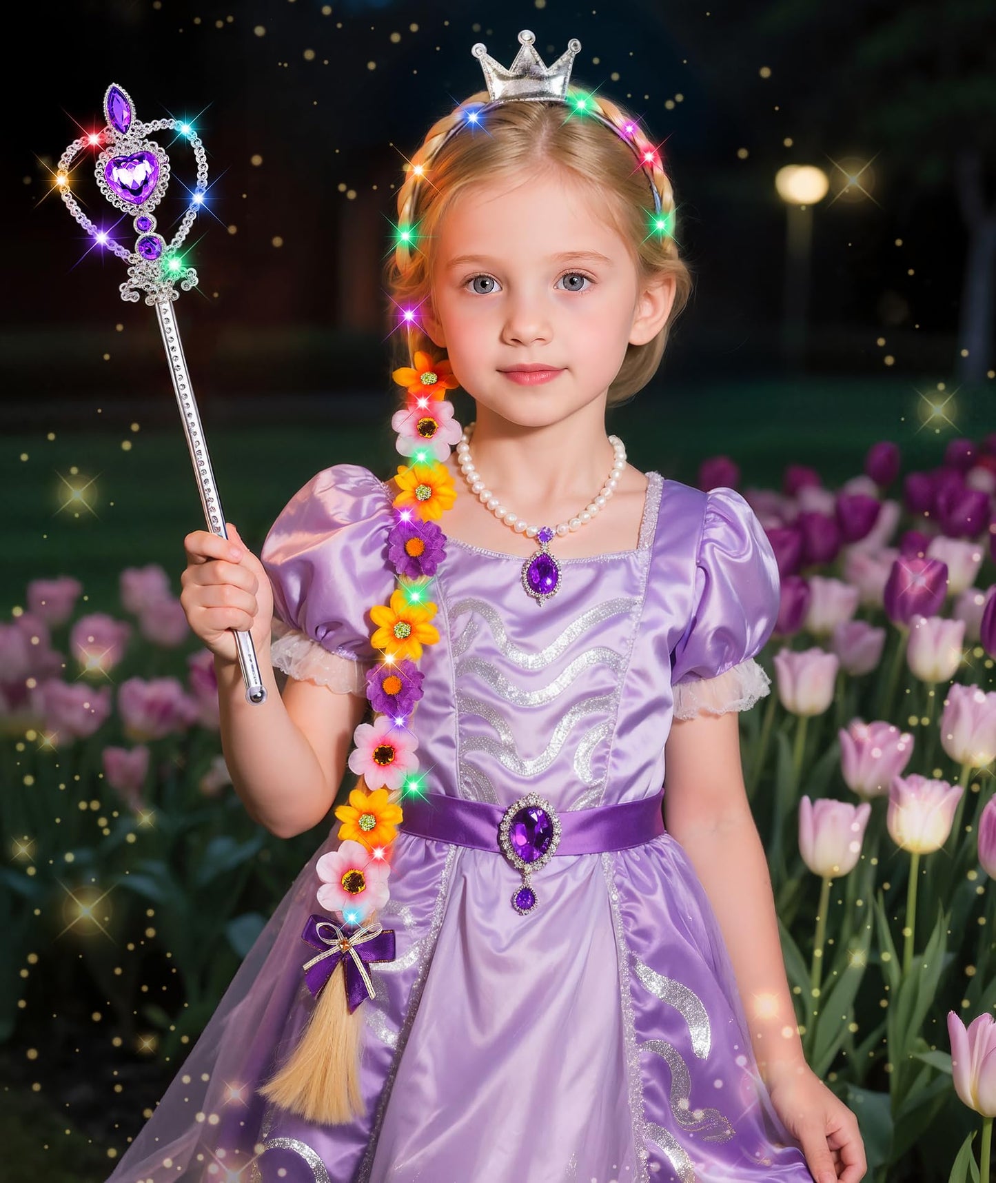 DUDUCOFU Princess Accessories with LED Lights for Little Girls, Glowing Braided Wig with Tiara Wand Toys for Girls Gift 3 4 5 6