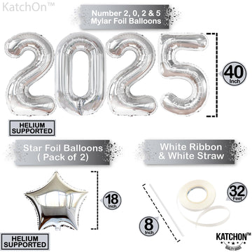 Katchon, 3Pc 40' & 18' Silver Star & Number 2025 Graduation Balloons - Helium Supported, Metallic Finish, Ideal For Graduation Decorations 2025, Children