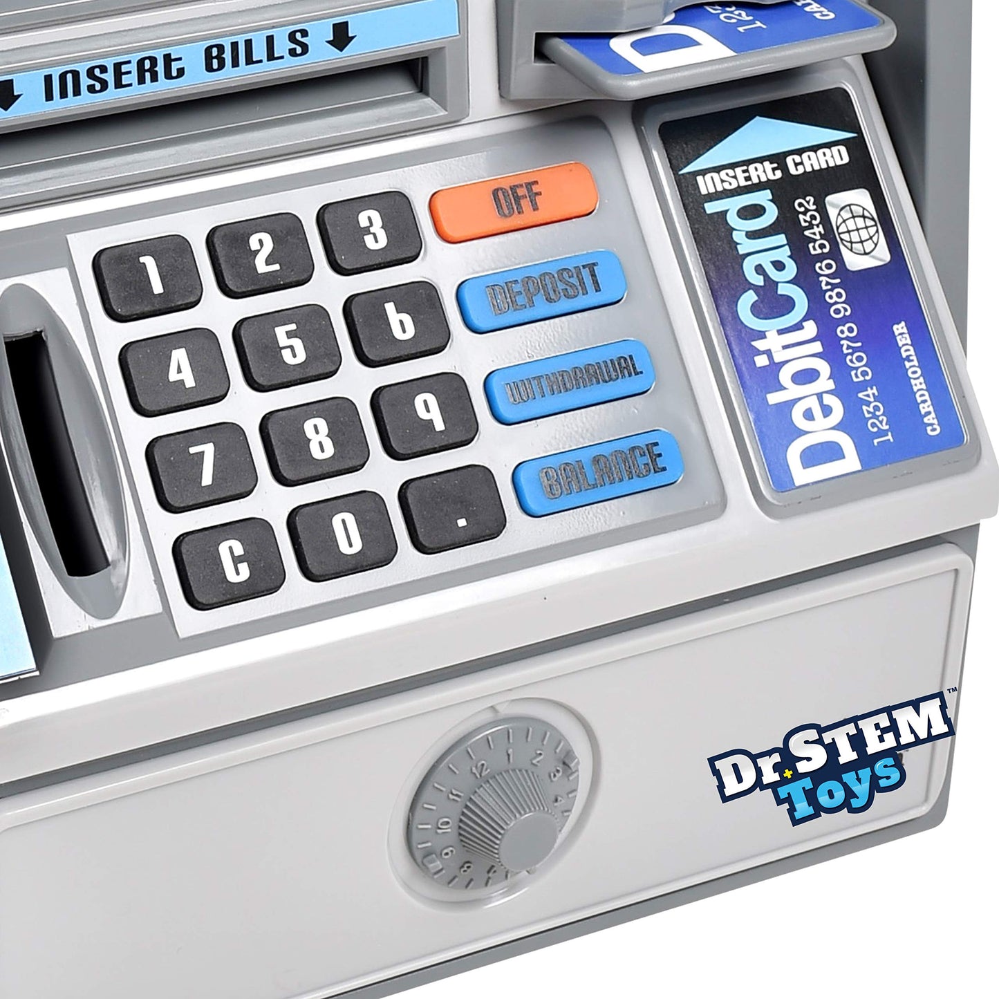 Dr. STEM Toys Kids Talking ATM Machine Savings Piggy Bank with Digital Screen, Electronic Calculator That Counts Real Money, and