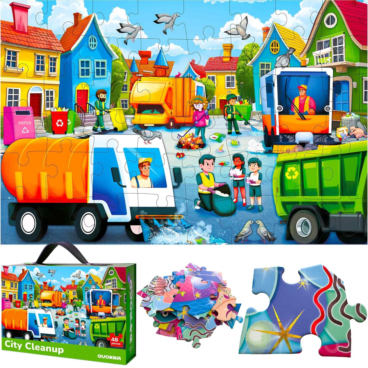 QUOKKA Giant Floor Puzzle for Kids Ages 4-6 - 2x3 Feet Extra-Thick 48 Pieces Toddler Puzzle Ages 3-5 - Garbage Trucks Educational Activity for Boys Girls - enhanced Box with Sturdy Handle & Magnetic