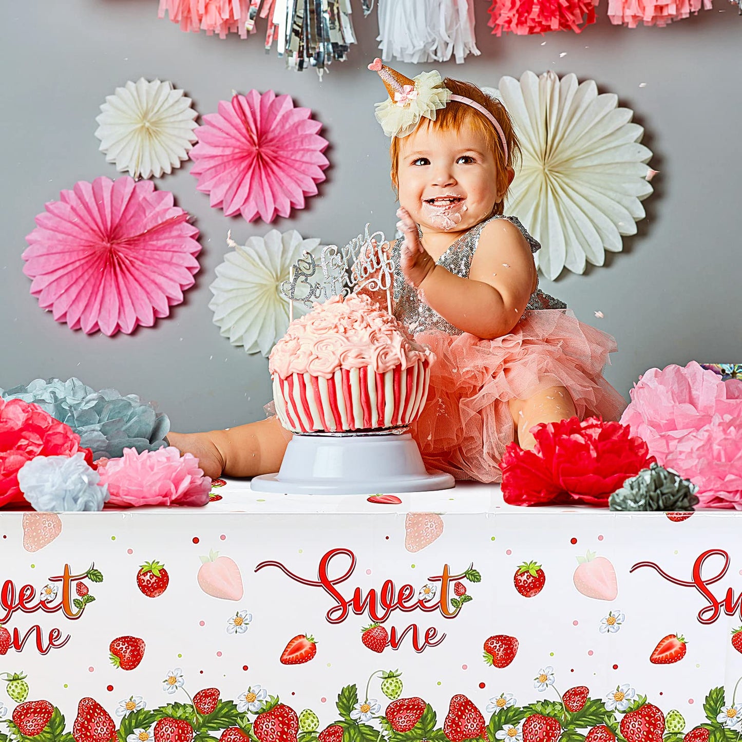 Tiamon 3 Pcs 108 x 54 in Strawberry Party Tablecloth Sweet One Birthday Table Cover Berry First Birthday Decorations Strawberry