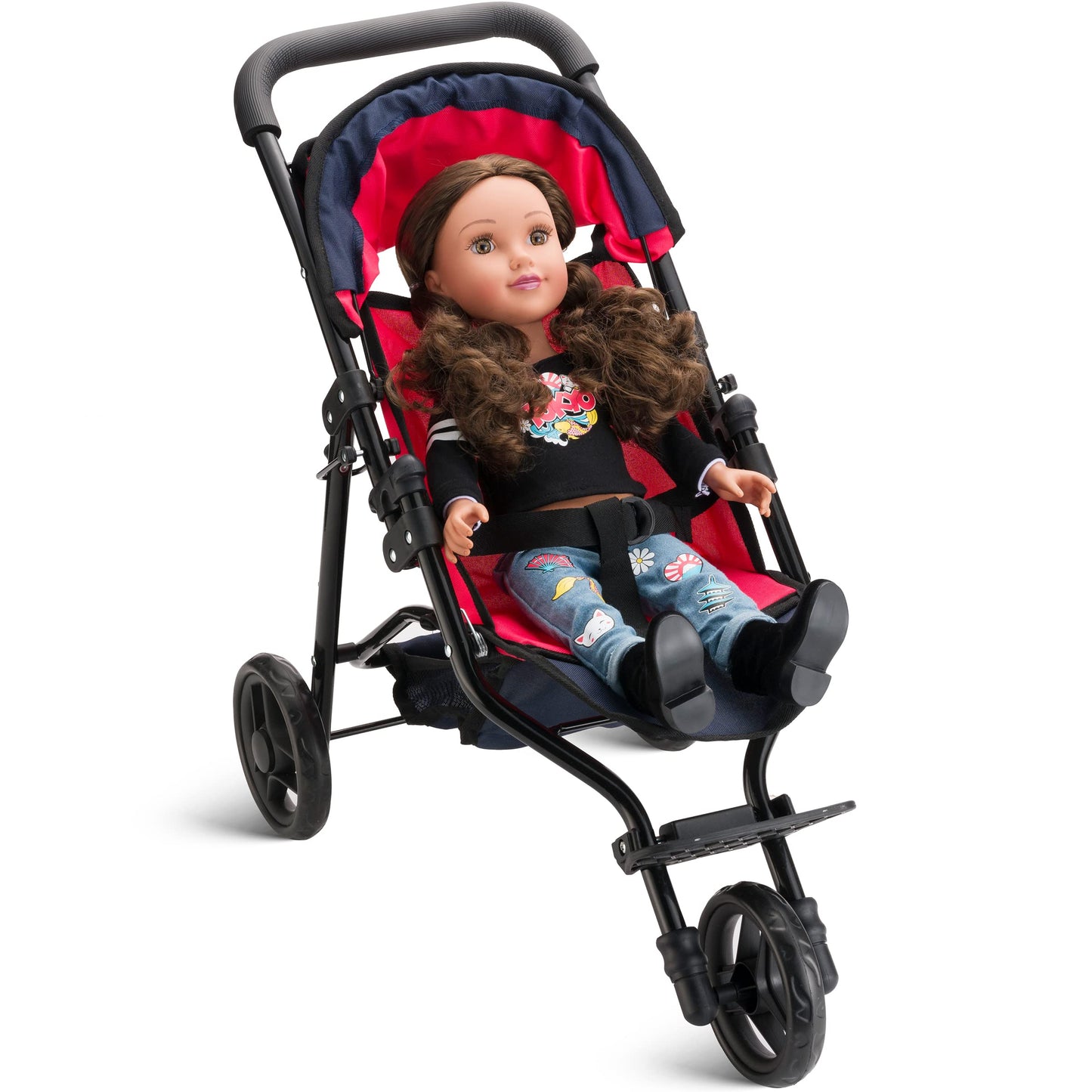 Baby Doll Stroller For Dolls - Jogger Toy Doll Stroller For Toddlers 3 Years And Up, Adjustable Canopy & Storage Basket, Red Design For Kids