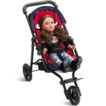 Baby Doll Stroller For Dolls - Jogger Toy Doll Stroller For Toddlers 3 Years And Up, Adjustable Canopy & Storage Basket, Red Design For Kids