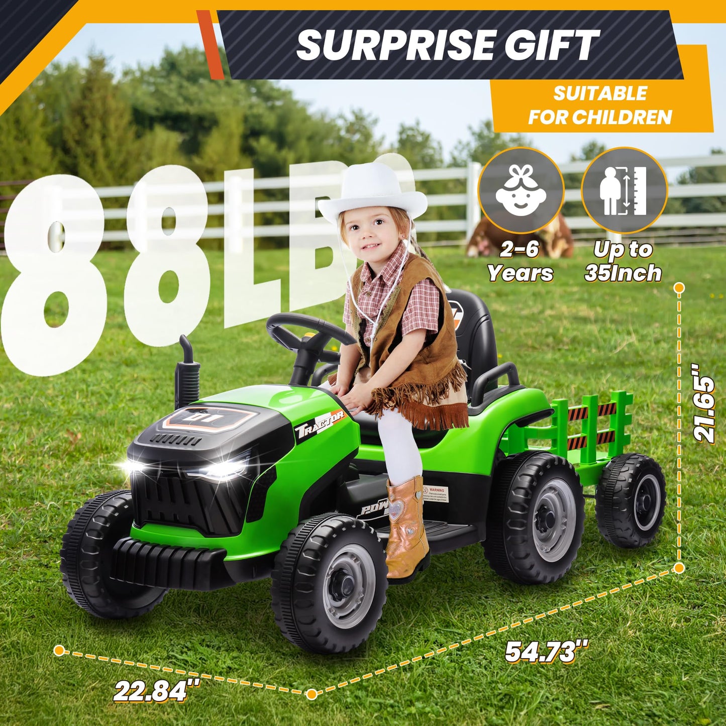 24V 7Ah Ride On Tractor W/Tiltable & Detachable Trailer, Anrli Kids Electric Vehicles Tractor W/400W Motors, Adjustable Seat, Re