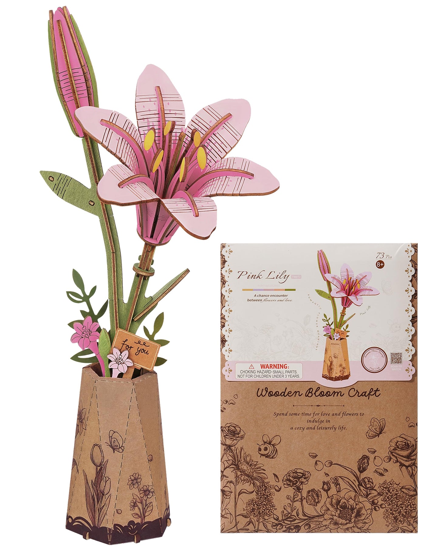 Wowood 3D Flower Wooden Puzzles For Adults-Pink Lily, Diy Wooden Flowers Model Kit Building Set Crafts For Adults To Build, Bota
