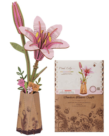 Wowood 3D Flower Wooden Puzzles For Adults-Pink Lily, Diy Wooden Flowers Model Kit Building Set Crafts For Adults To Build, Bota