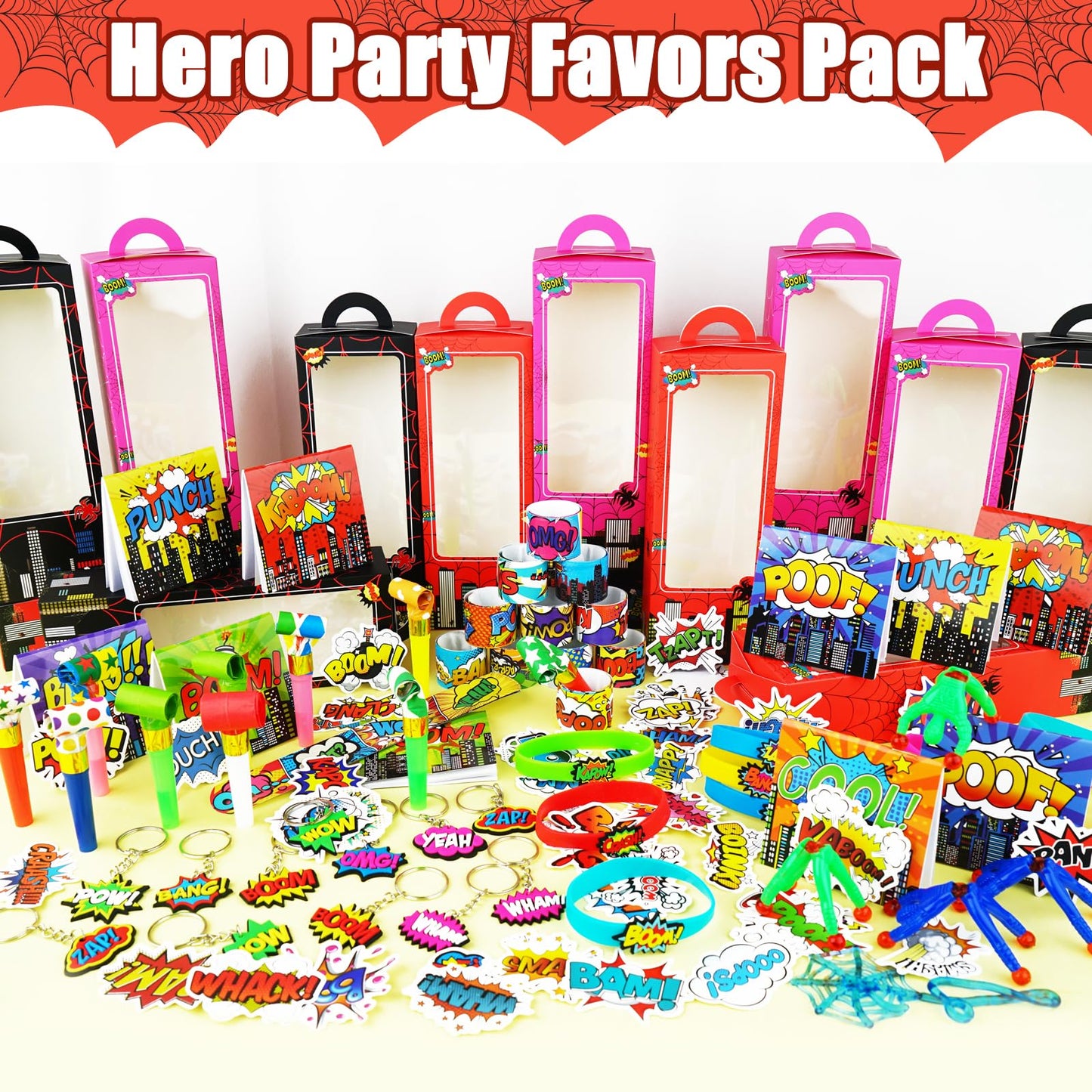 146Pcs Hero Party Favors for Kids, Goodie Box Stuffers Include Mini Notebooks Slap Bracelets Keychain Blowing Dragon Stickers St