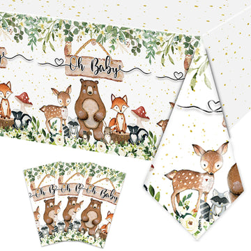Rejoice Bunny 3Pcs Woodland Baby Shower Tablecloth Boys Girls Safari Jungle Wild Animal Party Decorations Nature Sage Forest Tab