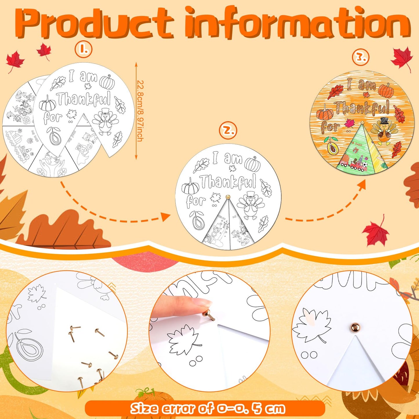 Jinei 12 Sets DIY Thanksgiving Craft Kit for Kids Color Your Own I Am Thankful for Wheel Craft Kit Thanksgiving Sunday School Pa