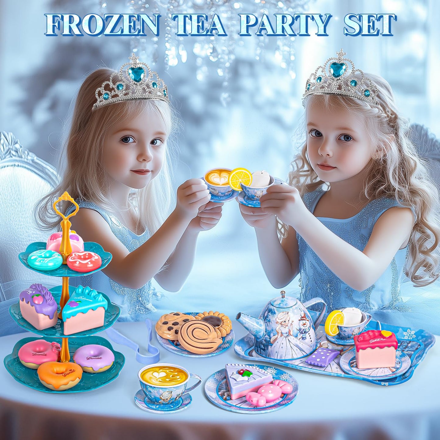 Hohosunlar Frozen Tea Party Set for Little Girls, Princess Gift Toy, Kids Pretend Play Tin Tea Set with Teapot, Tea Cups, Food P