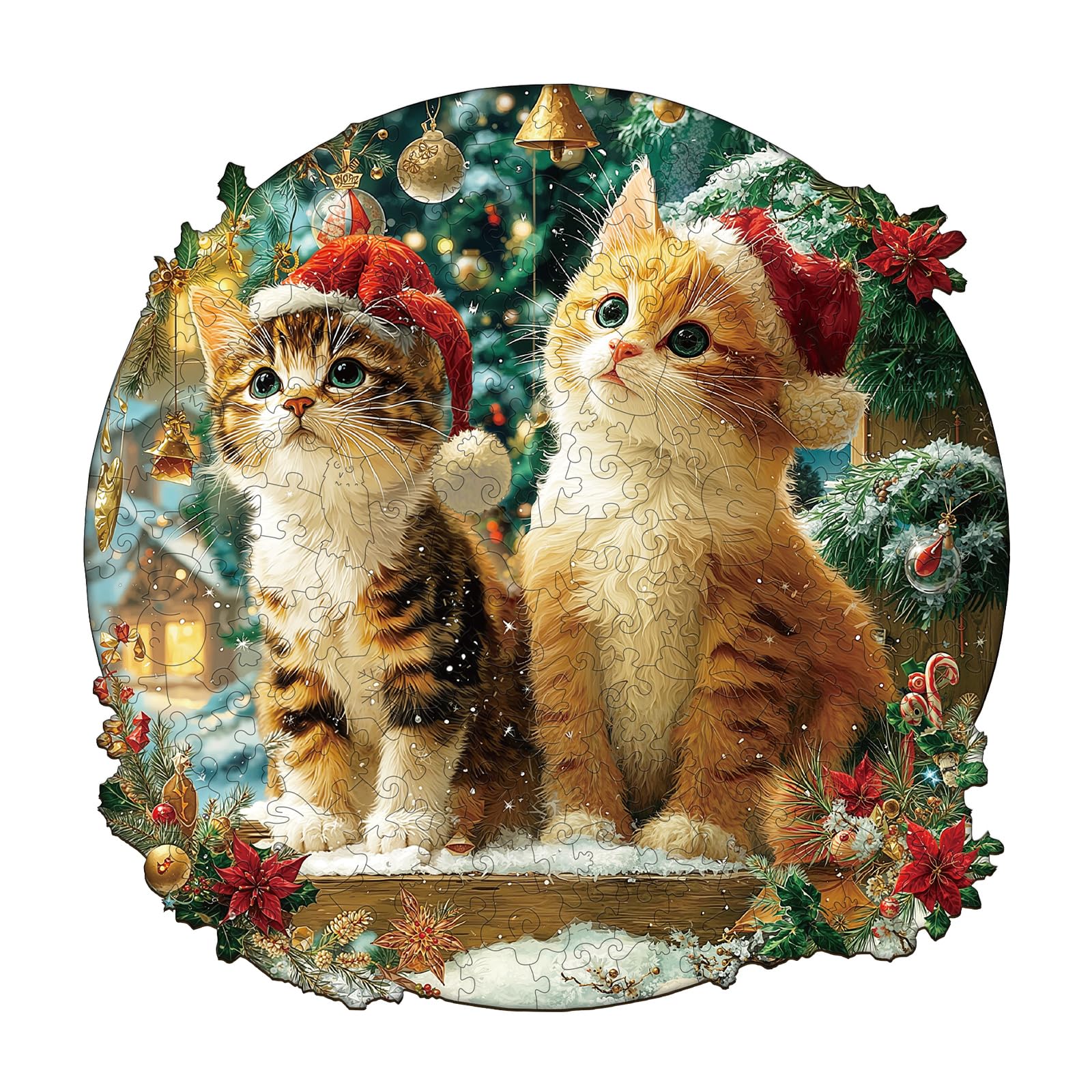 Jigfoxy Wooden Puzzle for mature-themeds  Christmas Kitten Jigsaw Puzzles for mature-themed  Unique Animal Shape Wood Cut Puzzles  Christmas Thanksgiving Gifts for Friends Family (M-11.4 * 11.4in-200pcs)