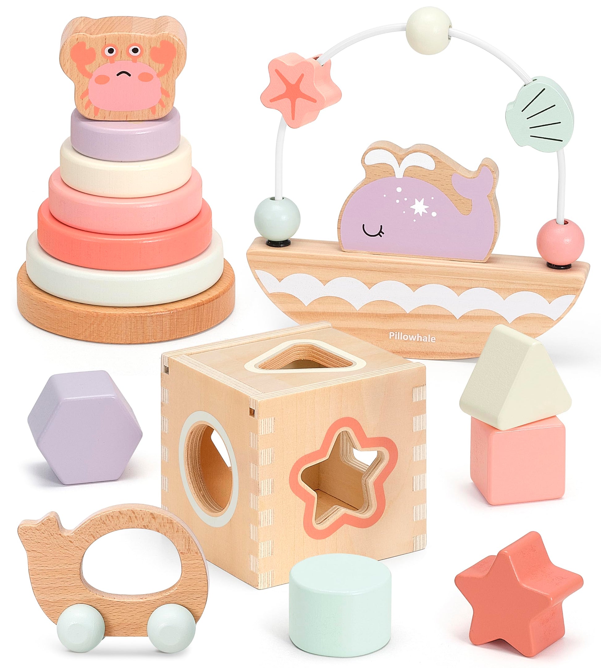 Pillowhale 4-In-1 Wooden Toddler Toys For 1 Year Old, Wooden Stacking Rings Tower, Shape Sorter Box, Bead Maze, Wood Baby Push Car, Wooden Stacking Toys For Boys Girls 12M+