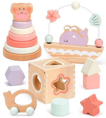 Pillowhale 4-In-1 Wooden Toddler Toys For 1 Year Old, Wooden Stacking Rings Tower, Shape Sorter Box, Bead Maze, Wood Baby Push Car, Wooden Stacking Toys For Boys Girls 12M+