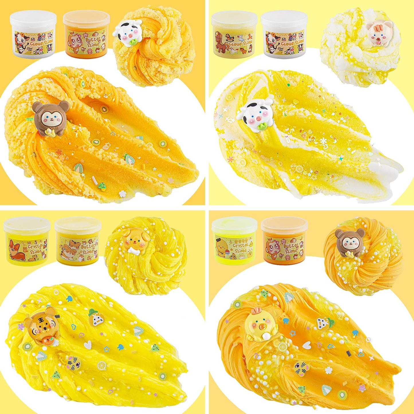 6 Packs Gradient Yellow Slime Kit - Cloud Slime, Butter Slime & Clear Slime, Crunchy Slime For Kids With Various Slime Add-Ins, Non Stick Slime Party Favors For Girls & Boys, 360Ml Kids Slime(Animal)