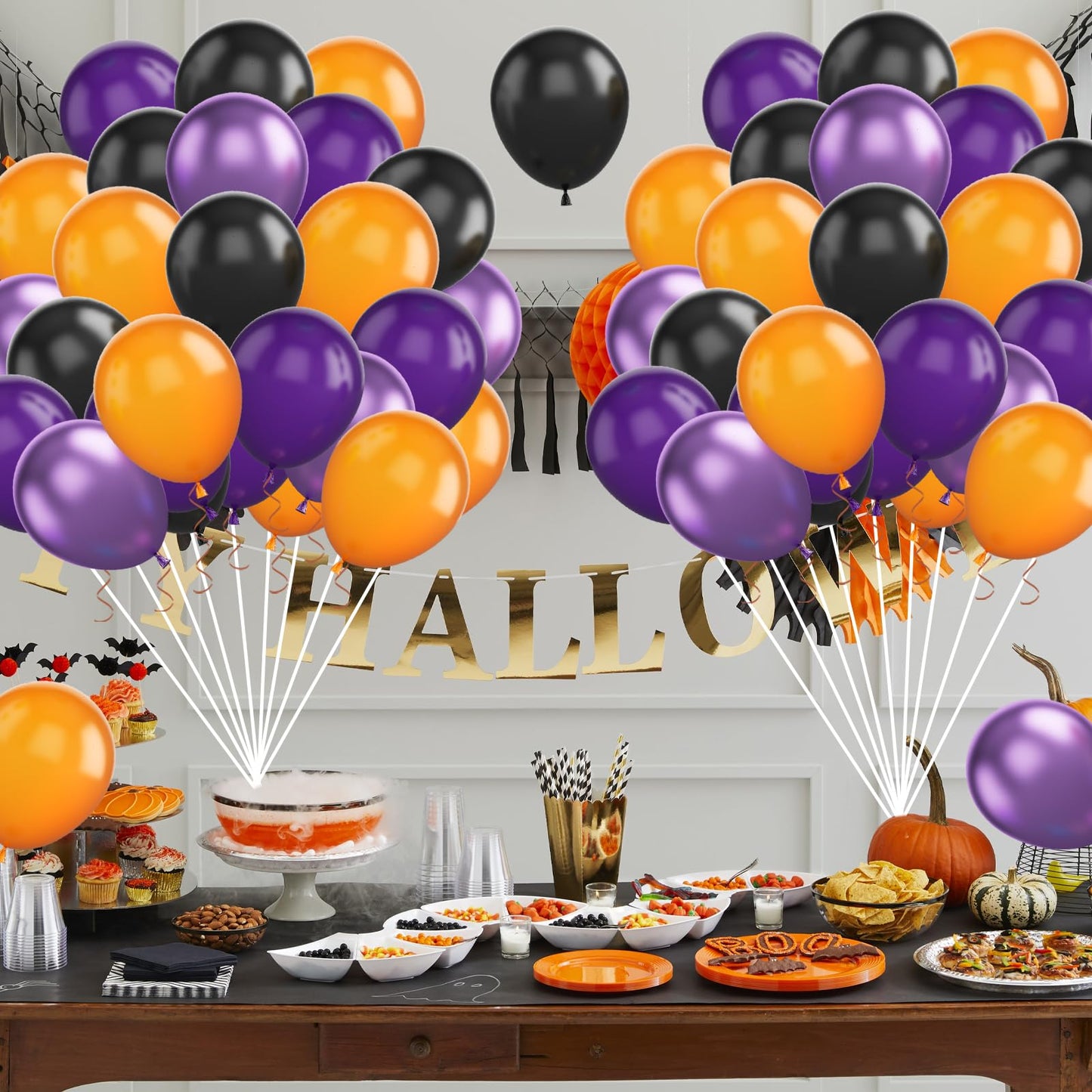 FunHot Halloween Party Balloons - 60 Pcs 12" Purple Black Orange Metallic Latex - Helium-Ready Decorations for Kids Birthday