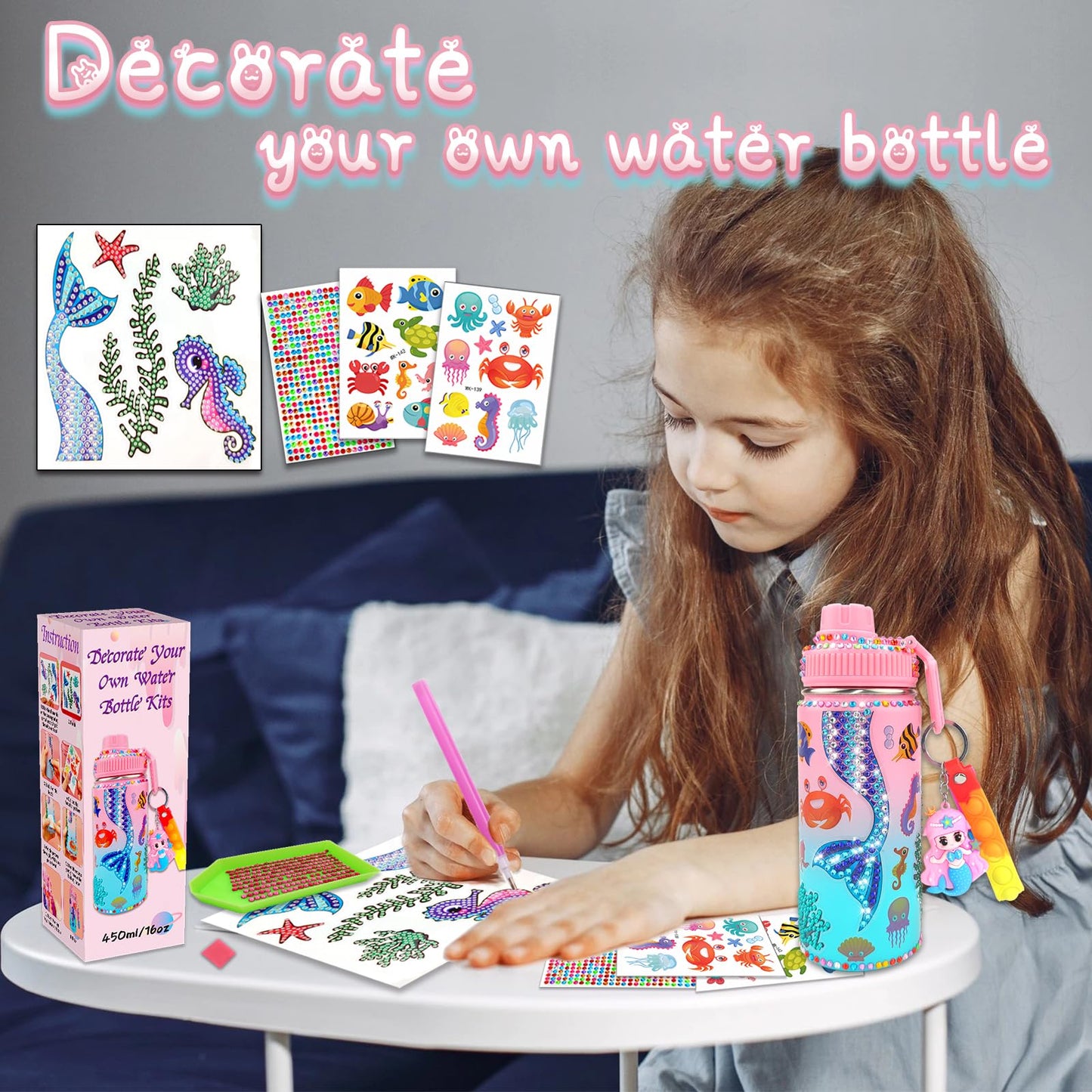 7July Decorate Your Own Water Bottle Kits For Girls Age 4-6-8-10 (Stainless Steel),Mermaid Themed Painting Crafts,Fun Arts And C