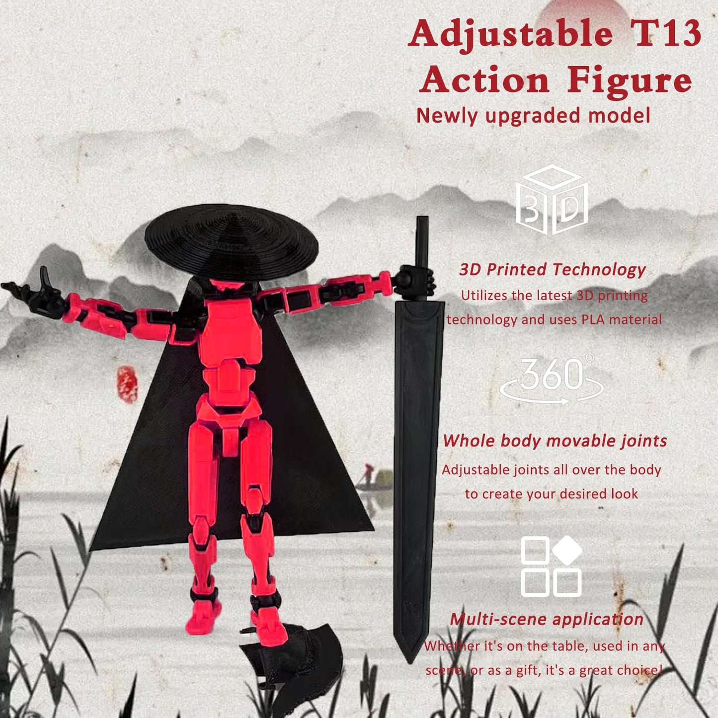 Pkghokids Already Assembled T13 Action Figure Accessories,Dummy 13 T13 Multi-Jointed Movable 3D Printed Toys (Red)