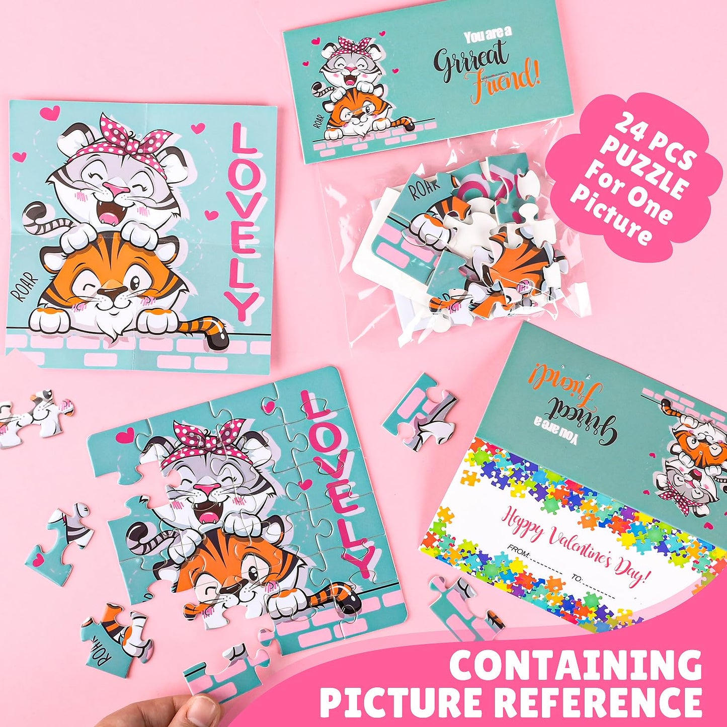 Movinpe Valentines Day Gifts For Kids - 30 Pack Jigsaw Puzzle With Valentines Cards Headers For Kids - Valentine Day Exchange Gi
