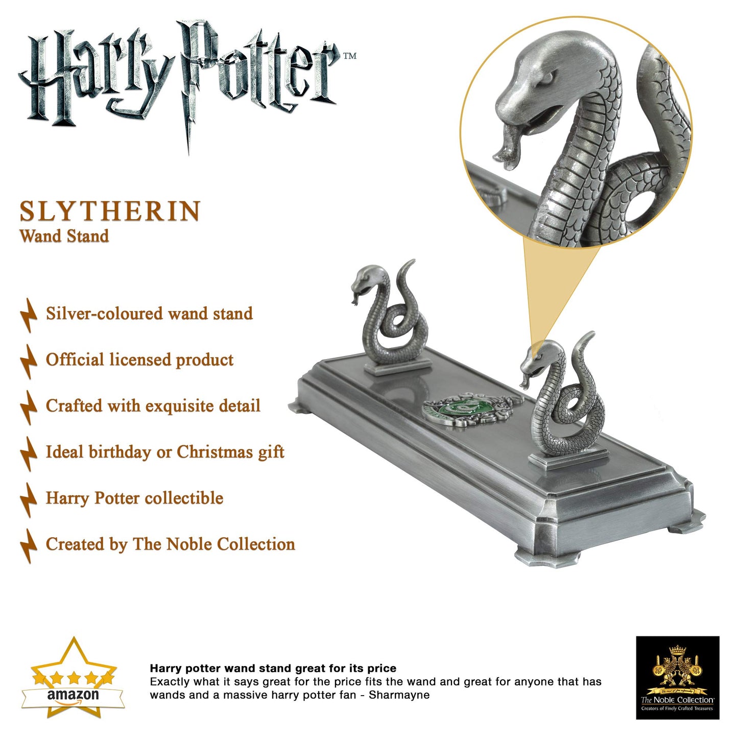 The Noble Collection Harry Potter Slytherin Wand Stand - Die Cast Metal, Silver, Model NN9524