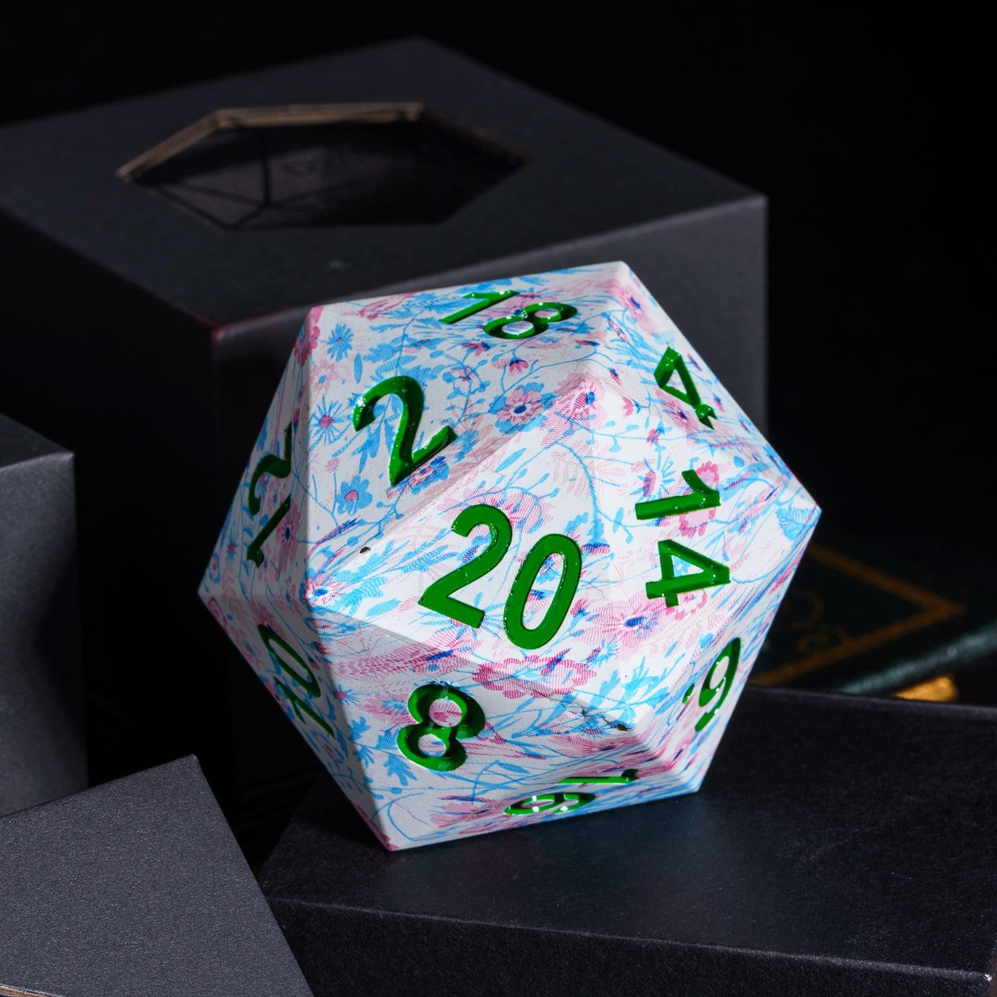 Hddais 55Mm Jumbo D20 Dice With Pink And Blue Flowers Pattern, Large D20 Polyhedral Dice D&D 20 Sized Dice With Gift Case For Du