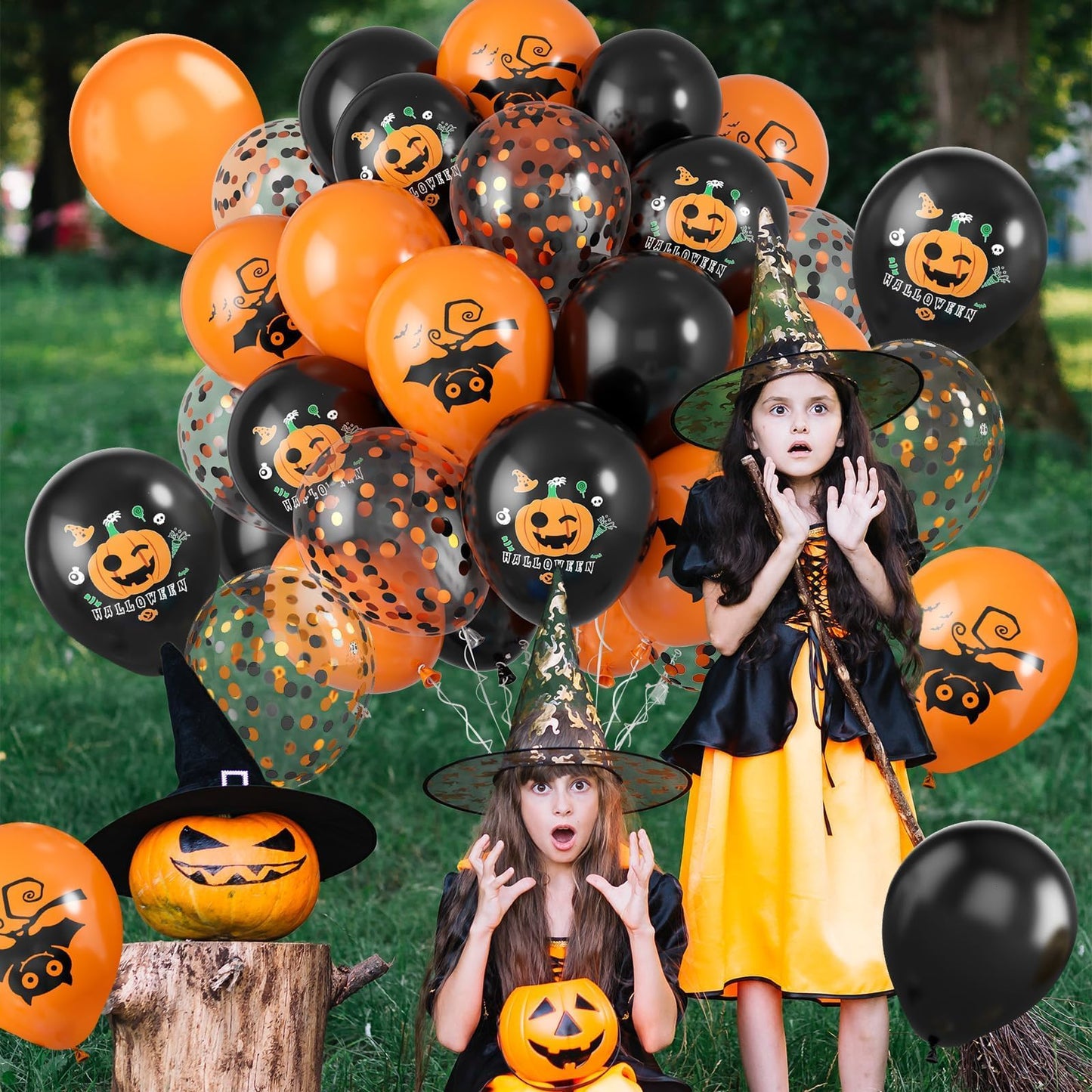 Halloween Balloons,60 Pcs 12 Inches Orange Black Balloons And Black Orange Pinted Pattern Decorative Balloons With Confetti Ball