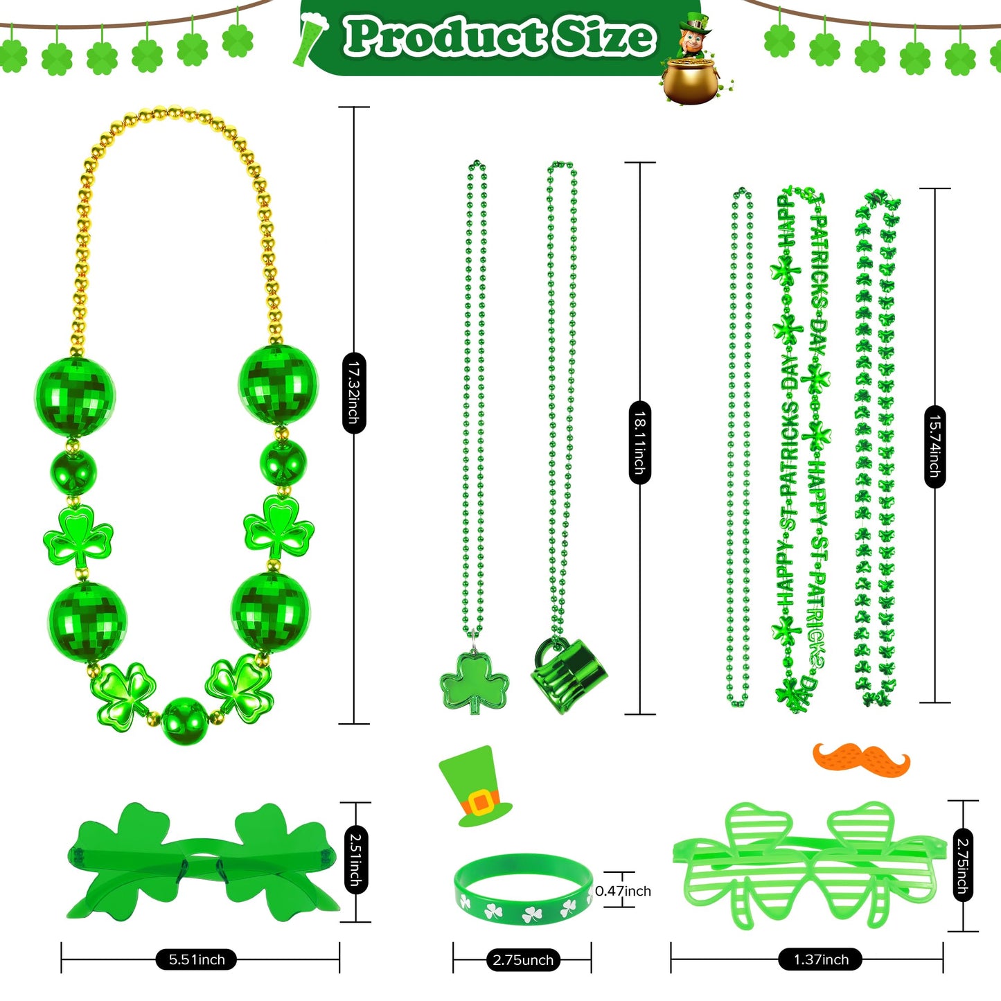 50 Pcs St Patricks Day Decorations, St Patricks Day Accessories, With 9 Green Shamrock Glasses, 27 Necklaces, 24 Bracelets, St P