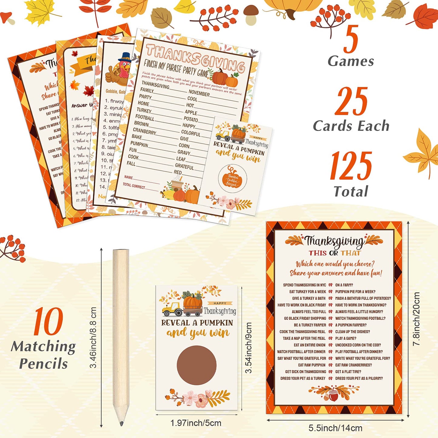 135 Pieces Thanksgiving Party Games Sets, 125 Funny Happy Holiday Party Games Paper Cards with 10 Editable Pencils Gifts for Tha