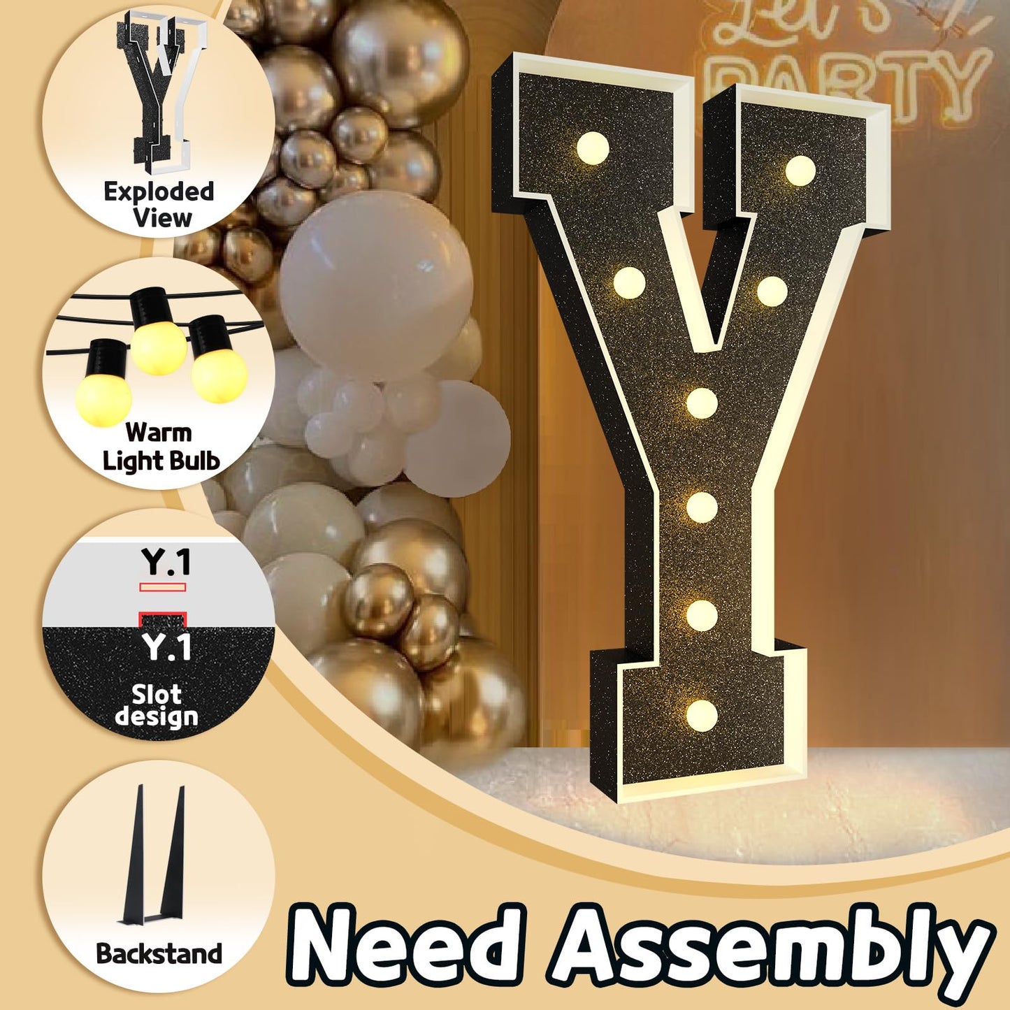Imprsv Marquee Letters Black 3Ft: Black Party Decor - Light Up Letter Y Large 3 Feet Tall - Party Decorations Letter For Birthda