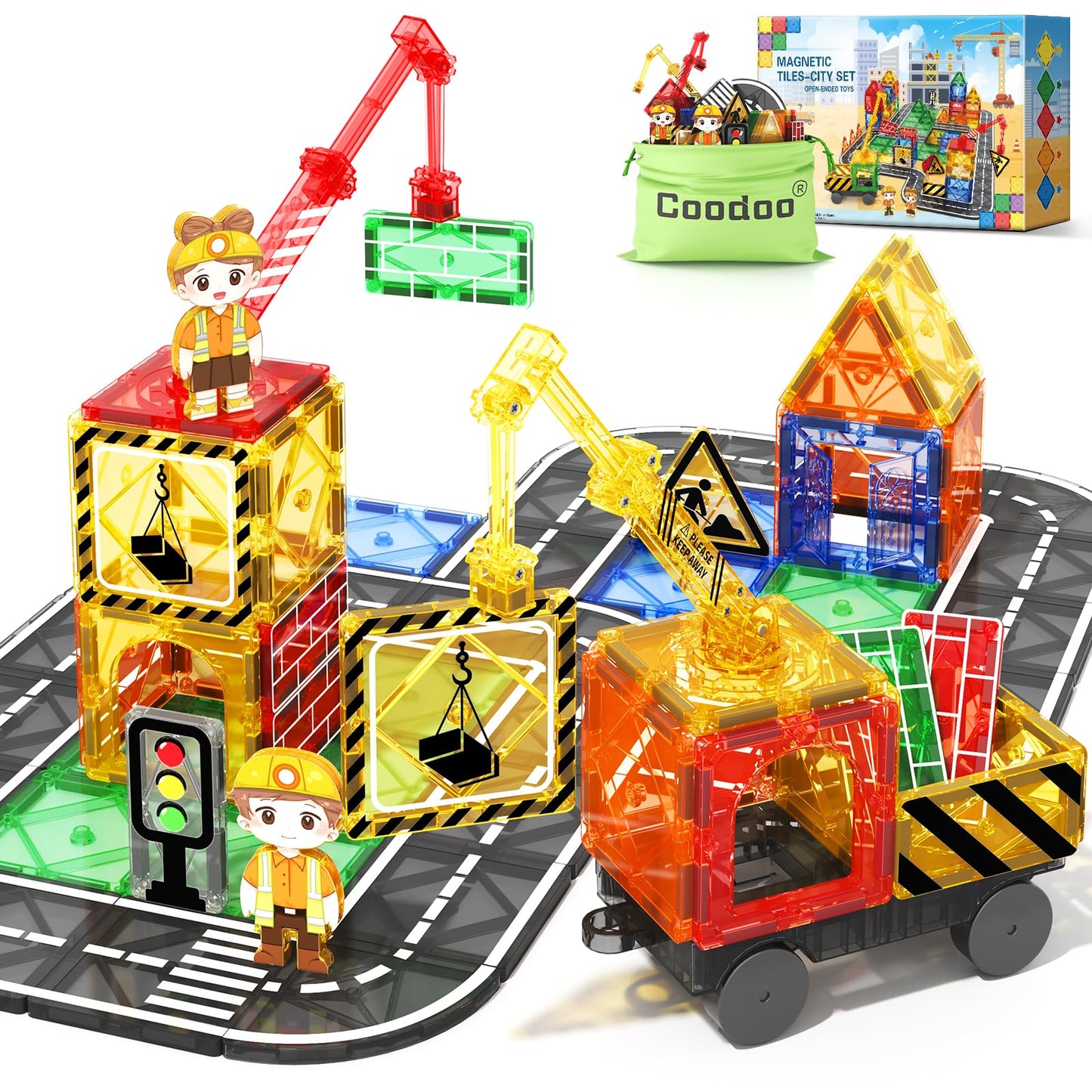 Kids Games Magnetic Tiles With 2 Cranes Construction Toys Set Sensory Toys For Boys Girls Ages 3-6 5-7 8-13, Gifts For 3+ Year Old Boys Girls Toddler Outdoor Kids Toys With Car
