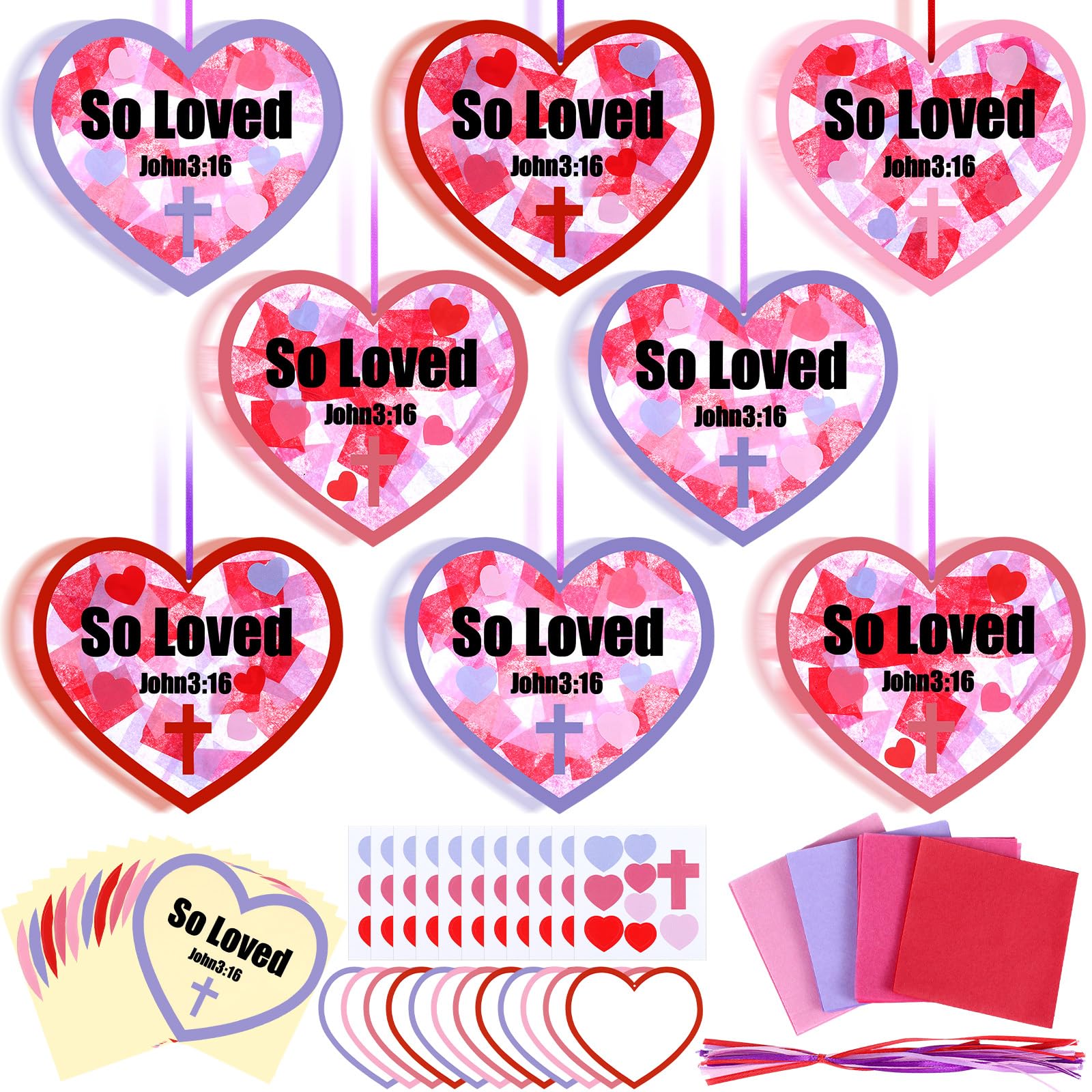 Lunmon 24 Sets Religious Heart Valentine Crafts Christian Cross DIY Tissue Paper Vbs Sunday School Crafts Kit Arts Hanging Ornam