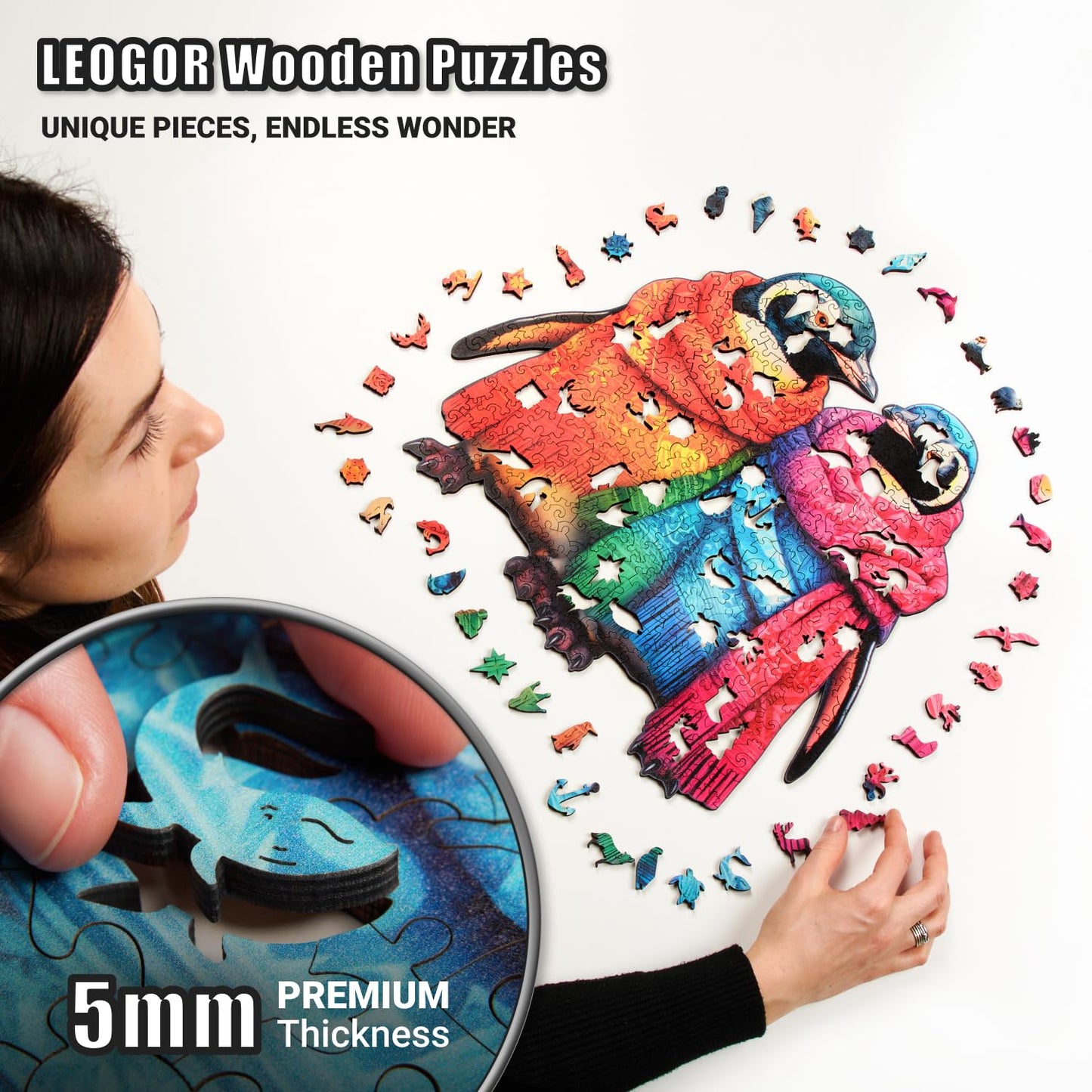 LEOGOR 350 Piece Wooden Puzzle - Penguins Arctic Charm, Extra-Thick 5mm, 16.7x14.9in, Hand-Shaped Marine Life Design, Gift for Puzzle Lovers