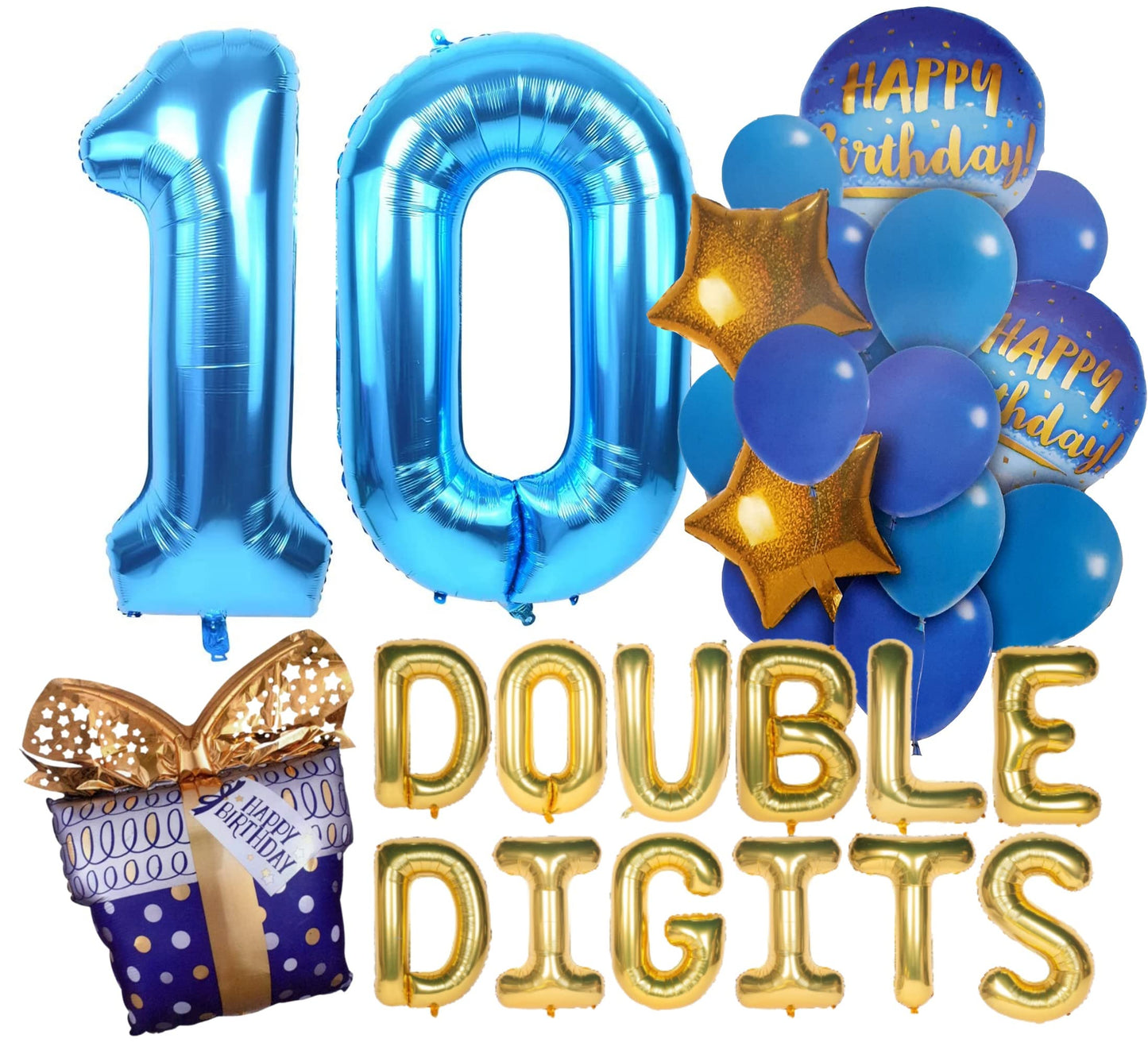 Atpata Funky 10Th Birthday Foil Balloons Decoration Party Supplies For Celebrating The Double Digit Milestone (Blue Gold)