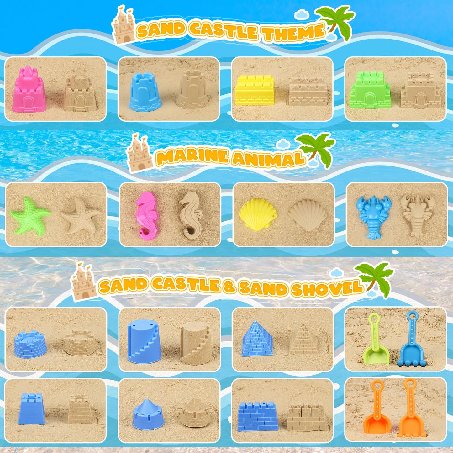 KUBUSFLY Beach Toys for Toddlers, Sand Castle Toys with 2 Sand Bucket, 2 Mesh Bag, 4 Sand Shovels & Sand Molds, Travel Sand Toys